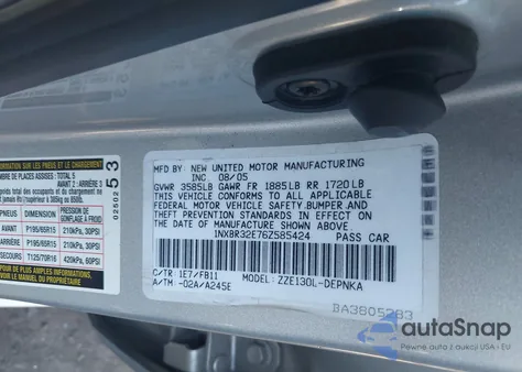 2006 Toyota Corolla Le from USA, damaged, VIN 1NXBR32E76Z585424